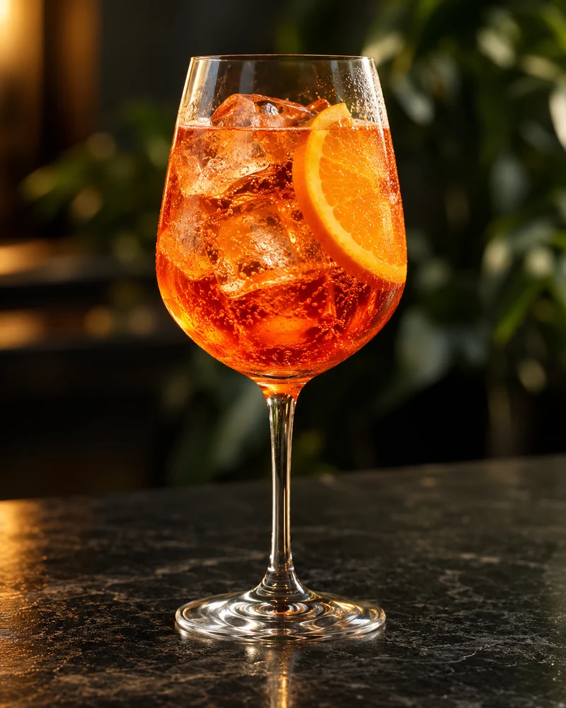 Spritz arancione con ghiaccio e fetta d’arancia in un calice