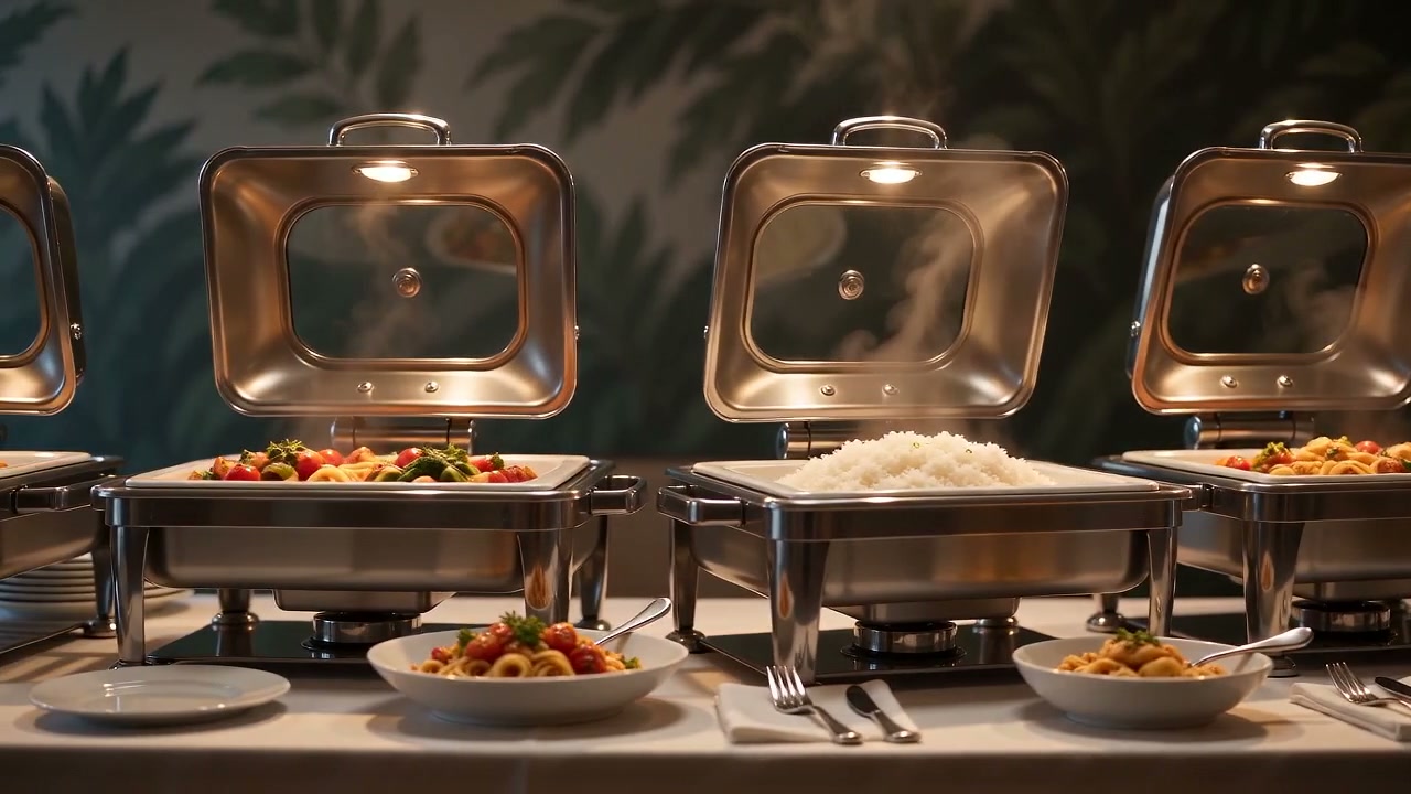 Aperitivo a buffet con riso e piatti caldi nei contenitori scaldavivande in alluminio
