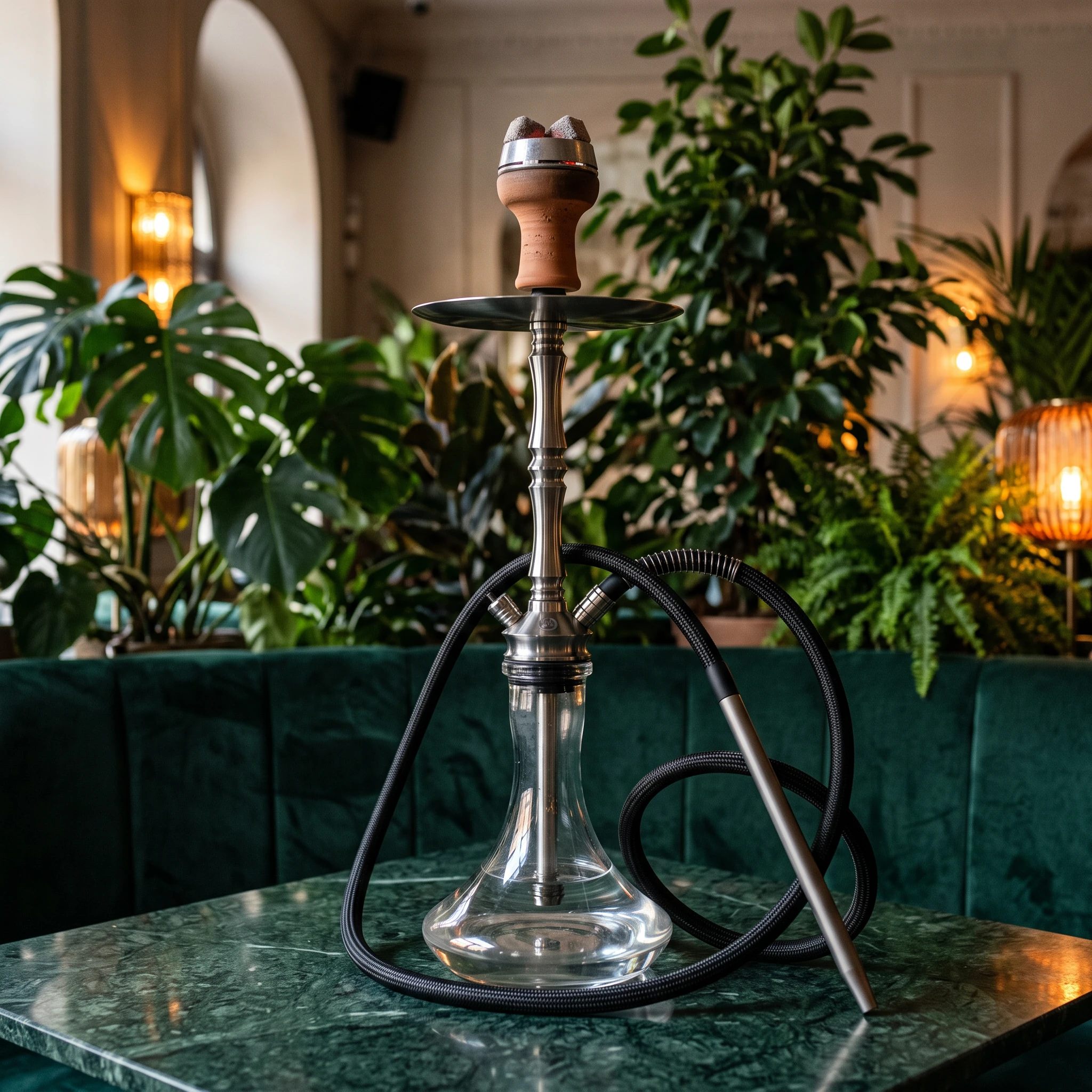 Narghilè completo con tubo e vaso in vetro, immerso in una lounge verde